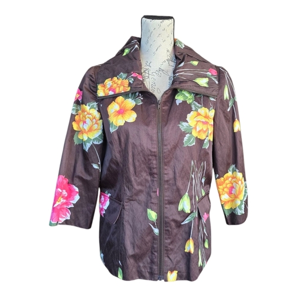 Kial Brown Yellow Floral Print 3/4 Sleeve Zip Blazer Jacket M - Picture 1 of 10